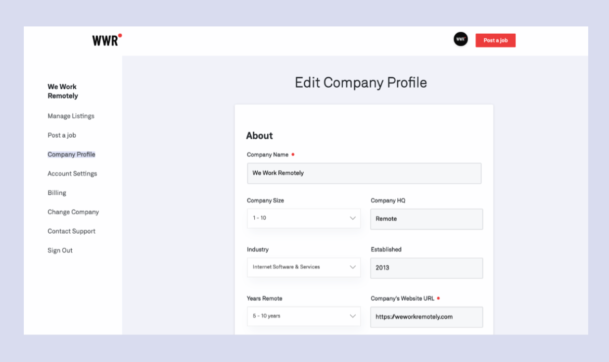 Company profile editor interface