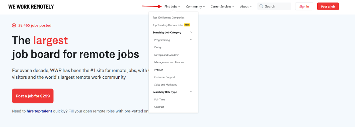 Job search filters on We Work Remotely