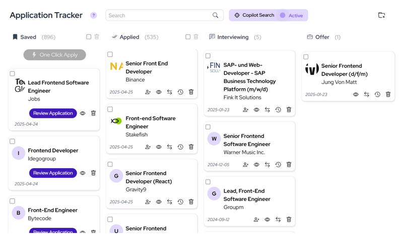 Application tracker dashboard showing progress